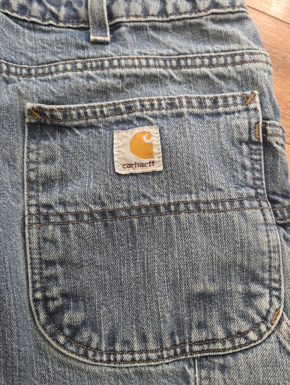 Carhartt Woman's Light Blue Relaxed Denim Jeans 36x30 with Yellow Logo Patch